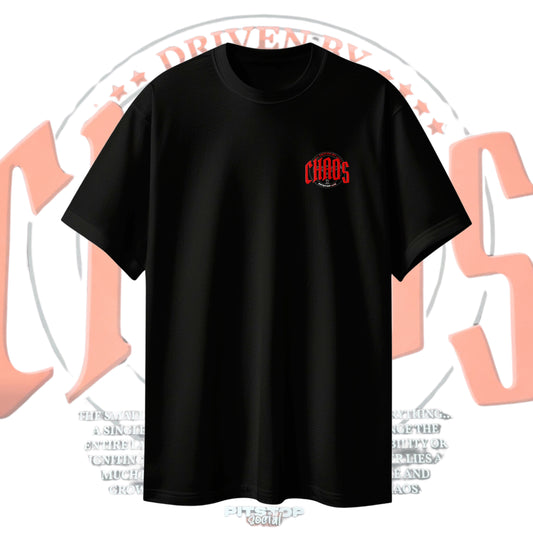 A black premium t-shirt with the text 'DRIVEN BY CHAOS' printed in small chest logo with steering wheel design