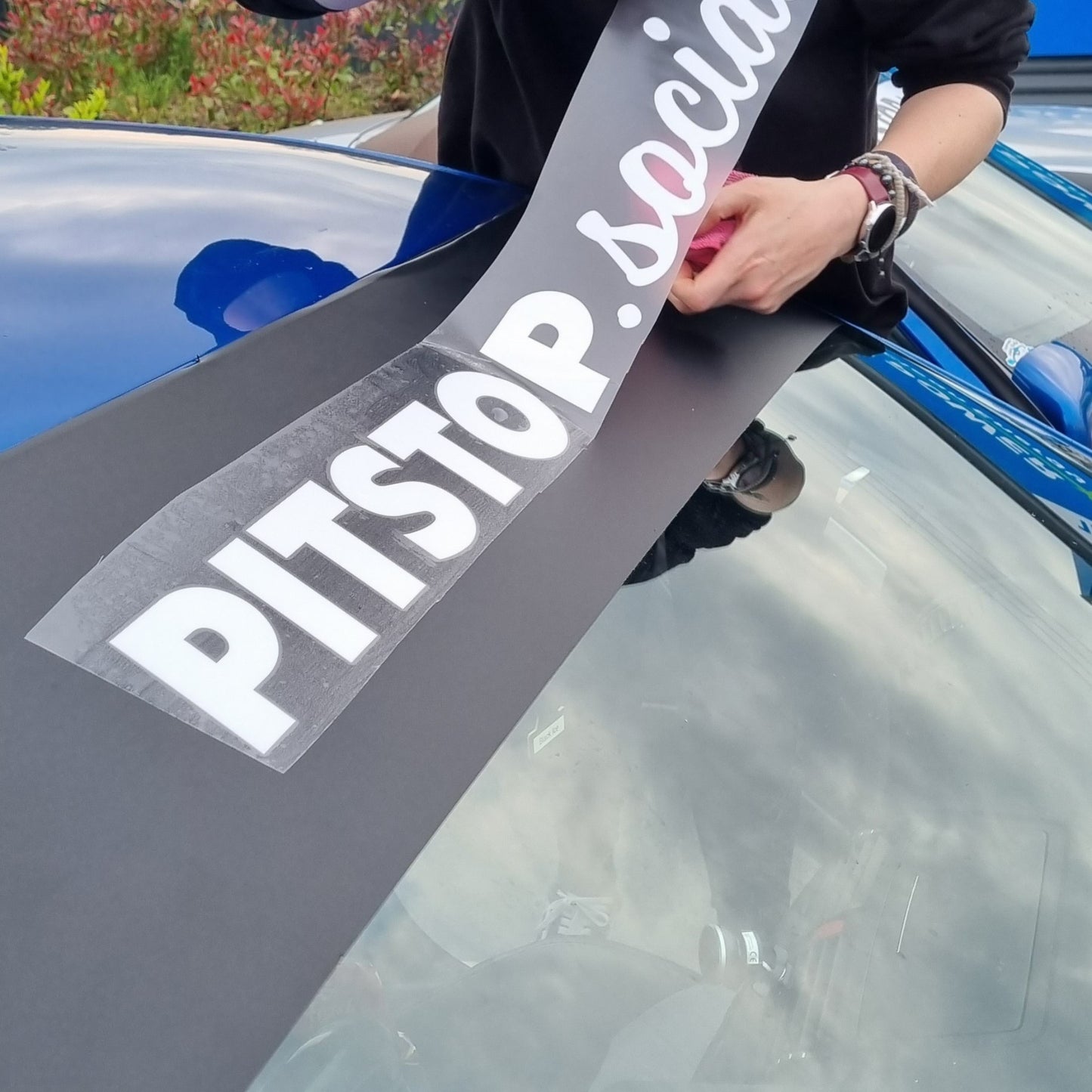 PITSTOP.Social Sunstrip White Text Black Background Two Step Application Vinyl Layers