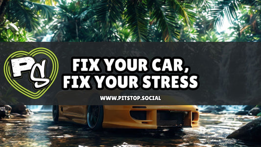 Yellow Toyota Supra at PITSTOP Social event 2021 layered over generated background of serene waterfalls and palm trees