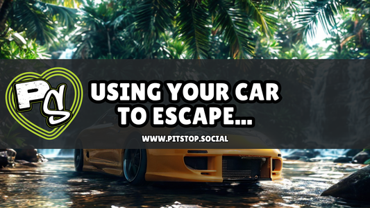 Yellow Toyota Supra at PITSTOP Social event 2021 layered over generated background of serene waterfalls and palm trees