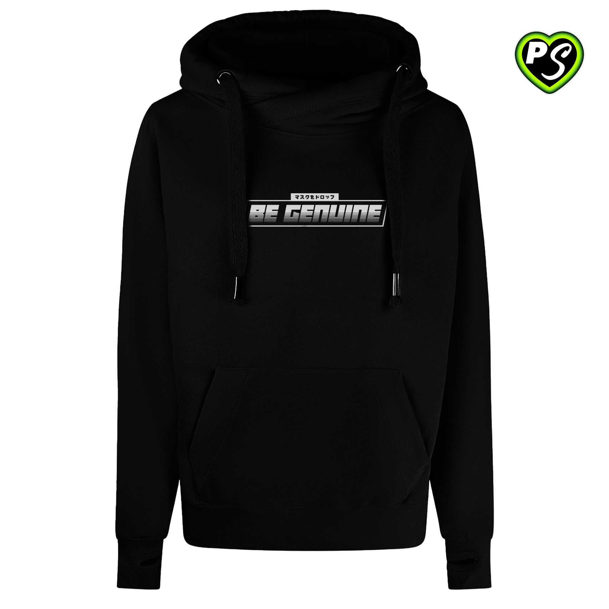 Be Genuine PITSTOP.Social black hoodie design featuring bespoke font PS Heart Logo in corner