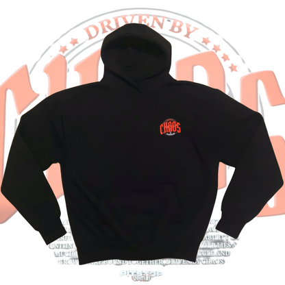 A black oversized box-fit premium hoodie with 'DRIVEN BY CHAOS' printed  on chest in gothic font and red letters