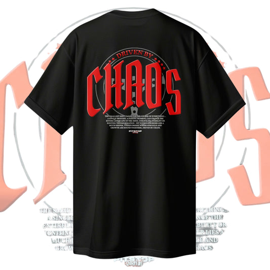 A black premium t-shirt with the text 'DRIVEN BY CHAOS' printed in large red letters on the back and steering wheel design