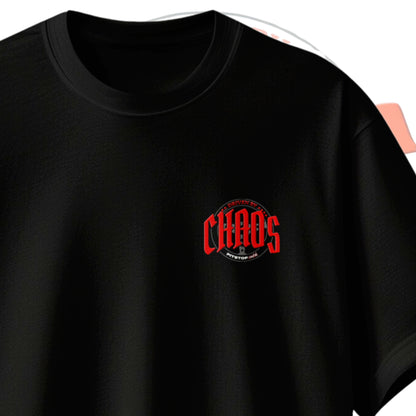 A black premium t-shirt with the text 'DRIVEN BY CHAOS' printed in red letters with steering wheel design chest logo