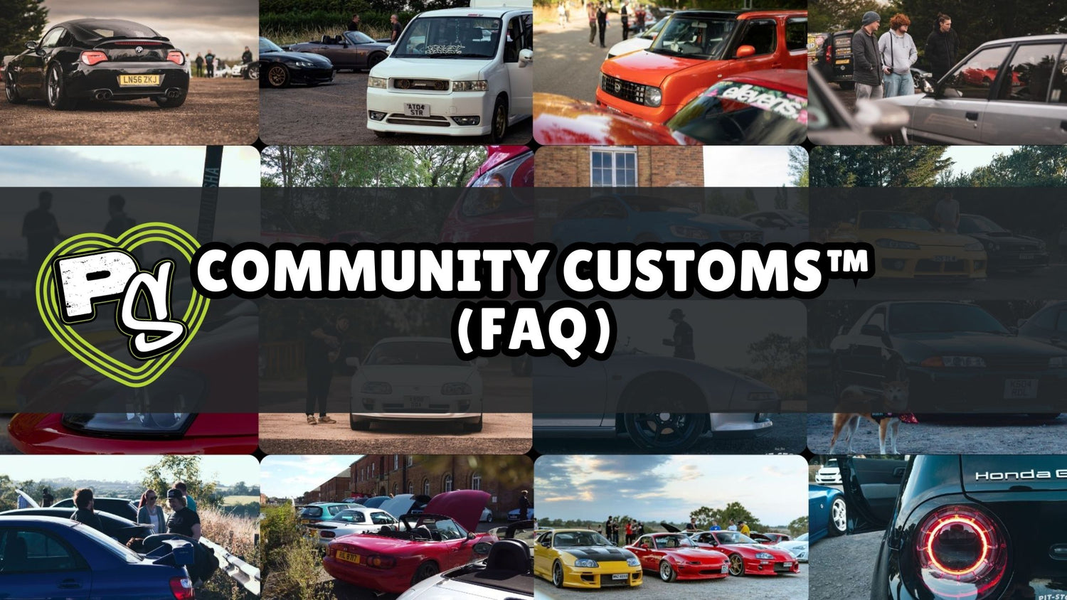 Modified car meets Leicester PITSTOP.Social event with 'Community Customs FAQ' logo and text.