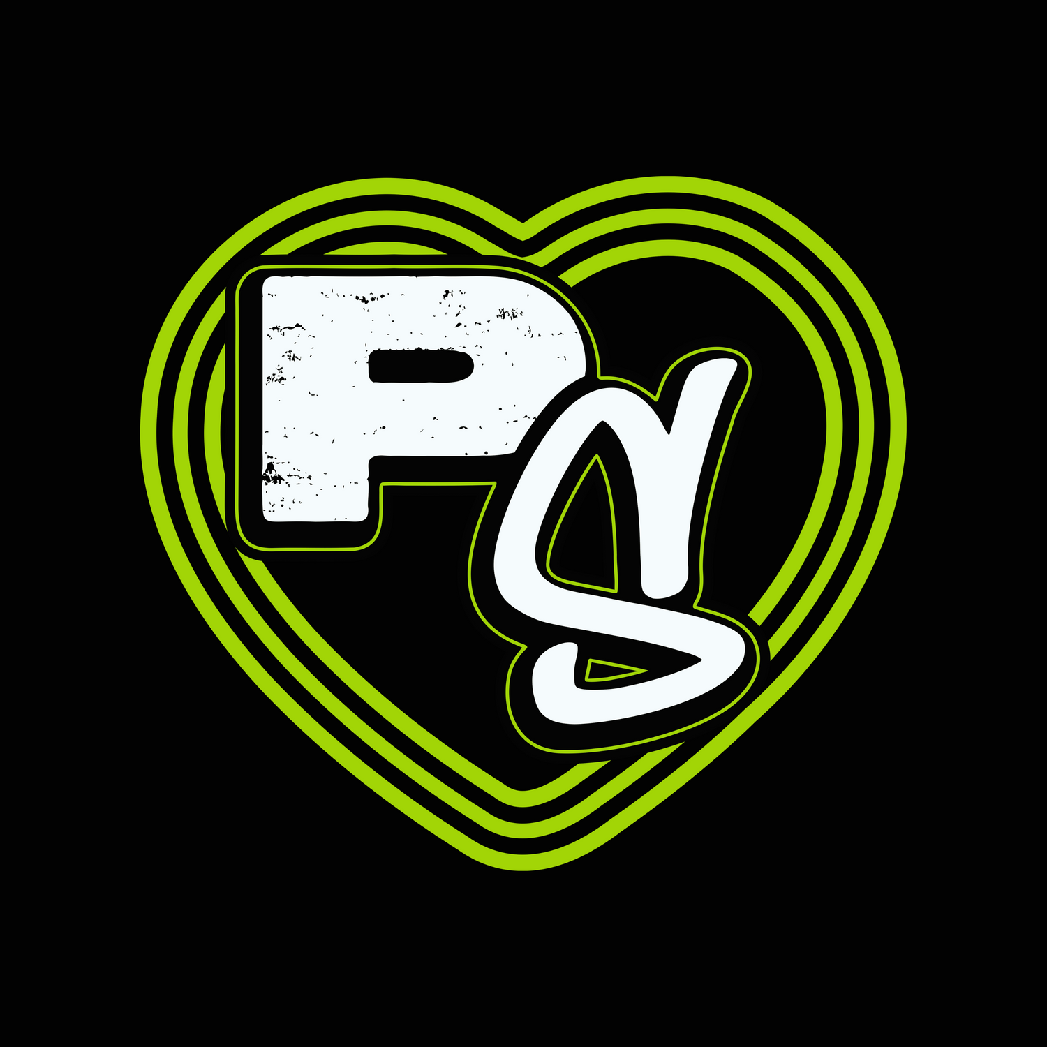 Fluro Green Logo with 'PS' inside a heart shape on a black background