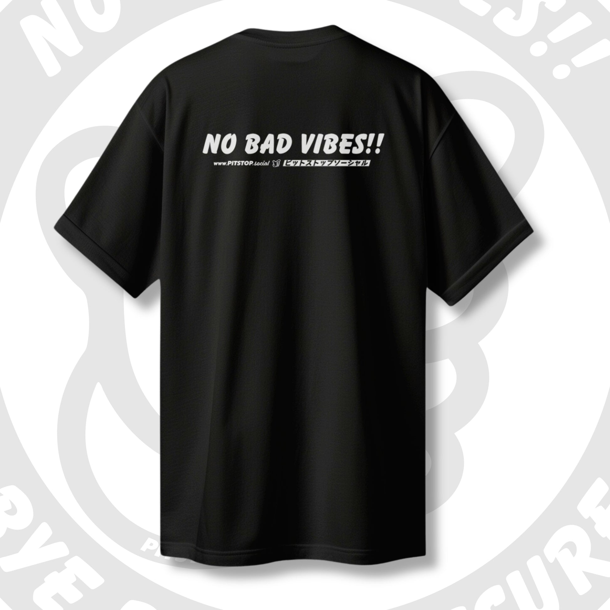 Black t-shirt with 'NO BAD VIBES!!' and japanese text on the back against a light grey artistic background.