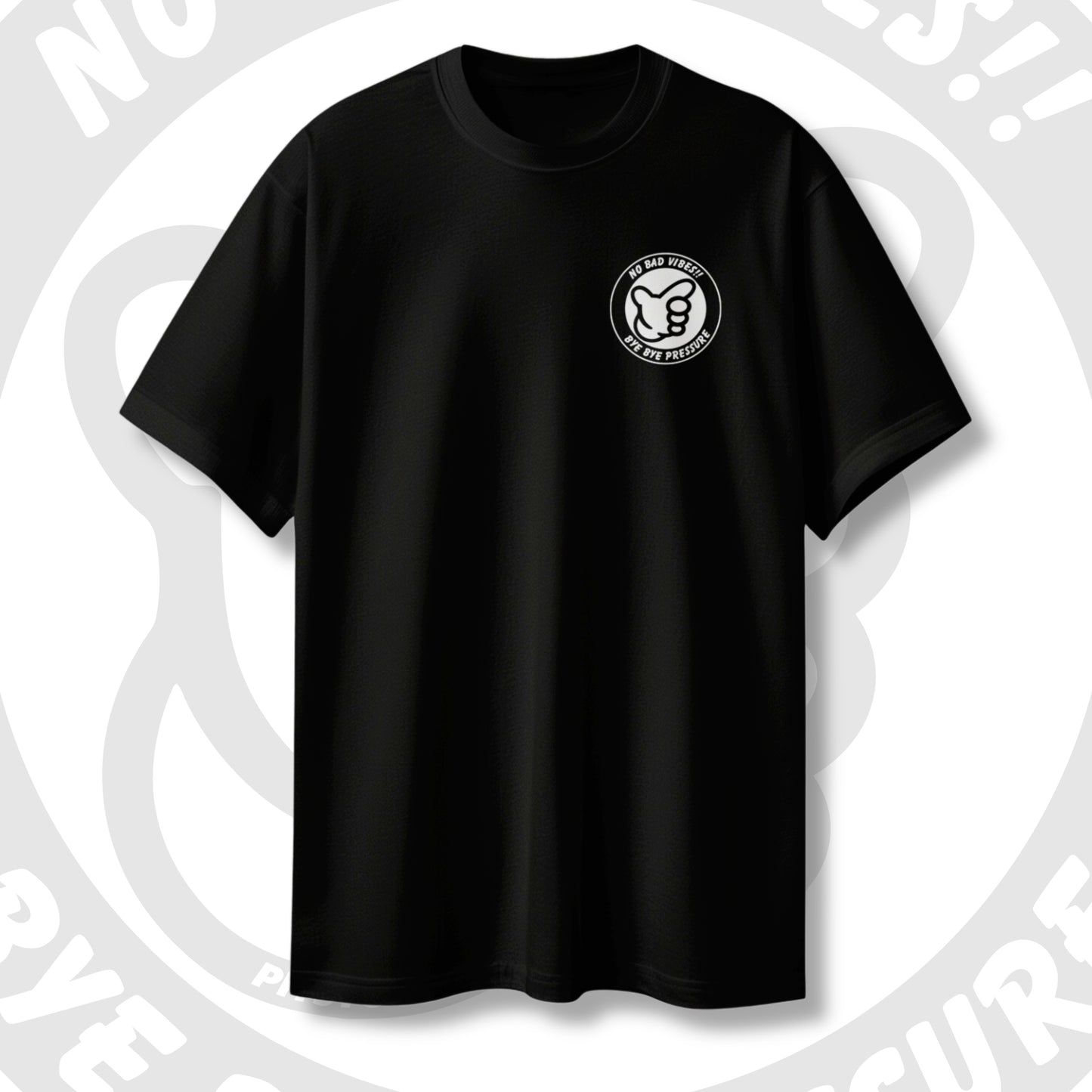Black t-shirt with a chest logo on artistic gray background