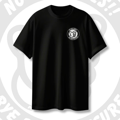 Black t-shirt with a chest logo on artistic gray background