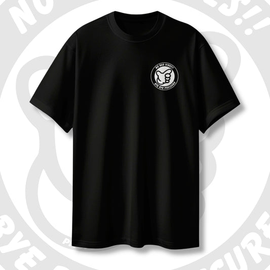 Black t-shirt with a chest logo on artistic gray background