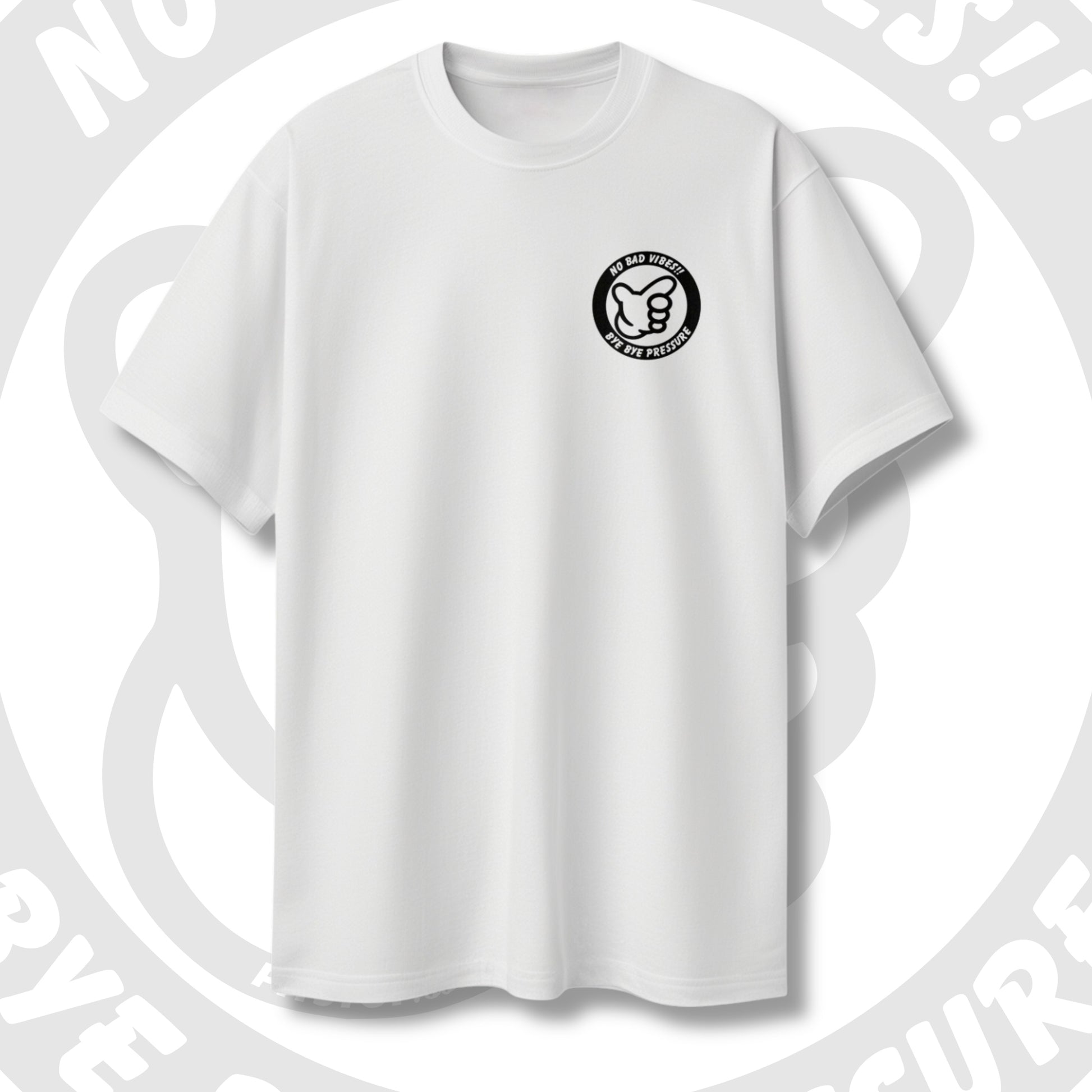 White t-shirt with a PITSTOP.Social chest logo on a light grey artistic background