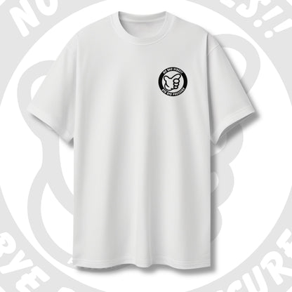 White t-shirt with a PITSTOP.Social chest logo on a light grey artistic background