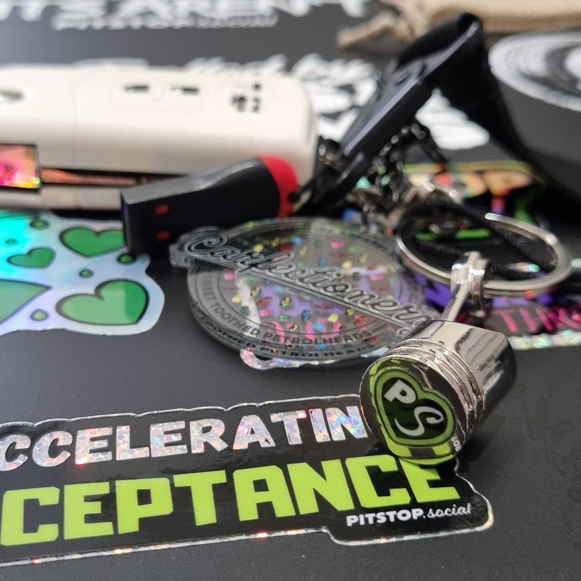 PITSTOP.Social branded solid metal piston key chain fidget toy with car keys