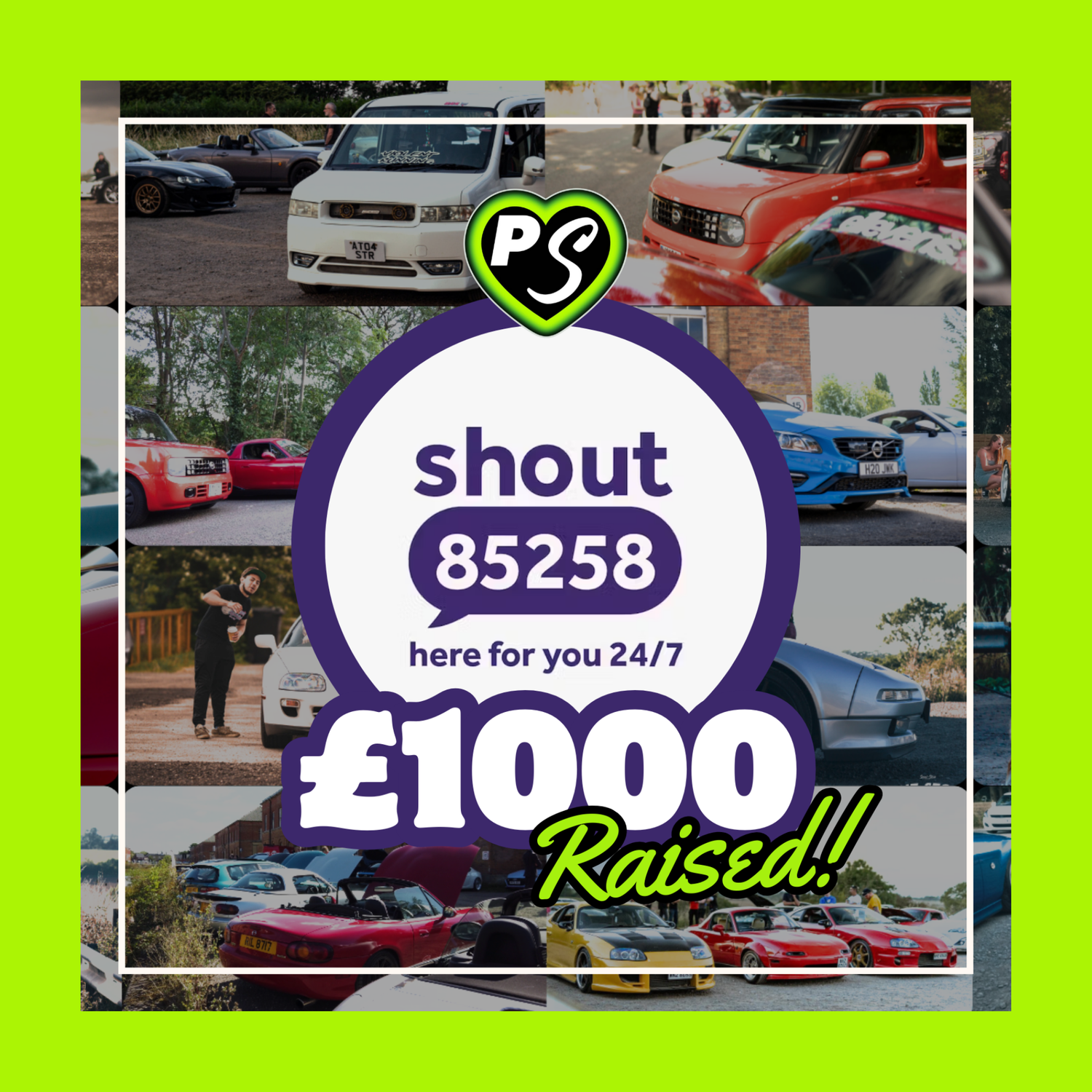 Milestone for charity with modified cars and a phone number for support, featuring a green border.