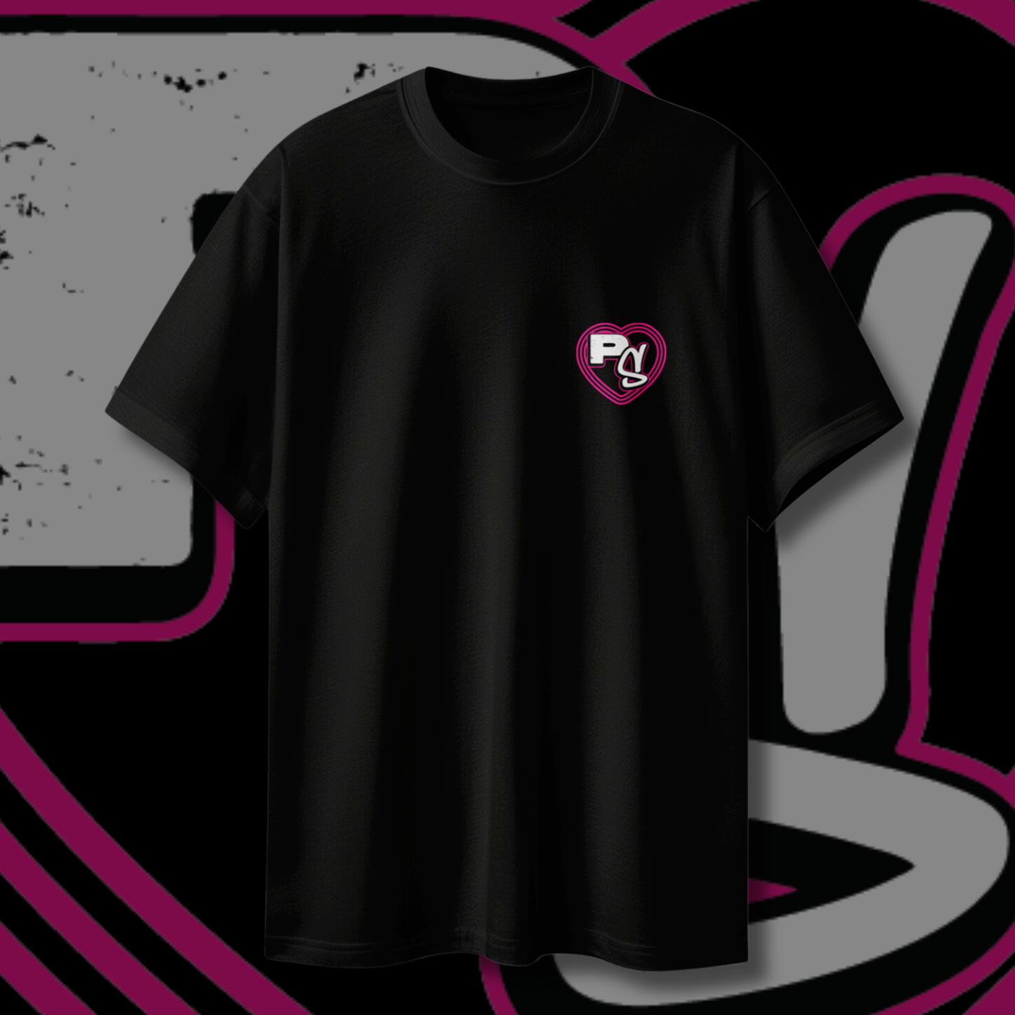 Black t-shirt with a pink and white pitstop.social mini heart logo on a dark background