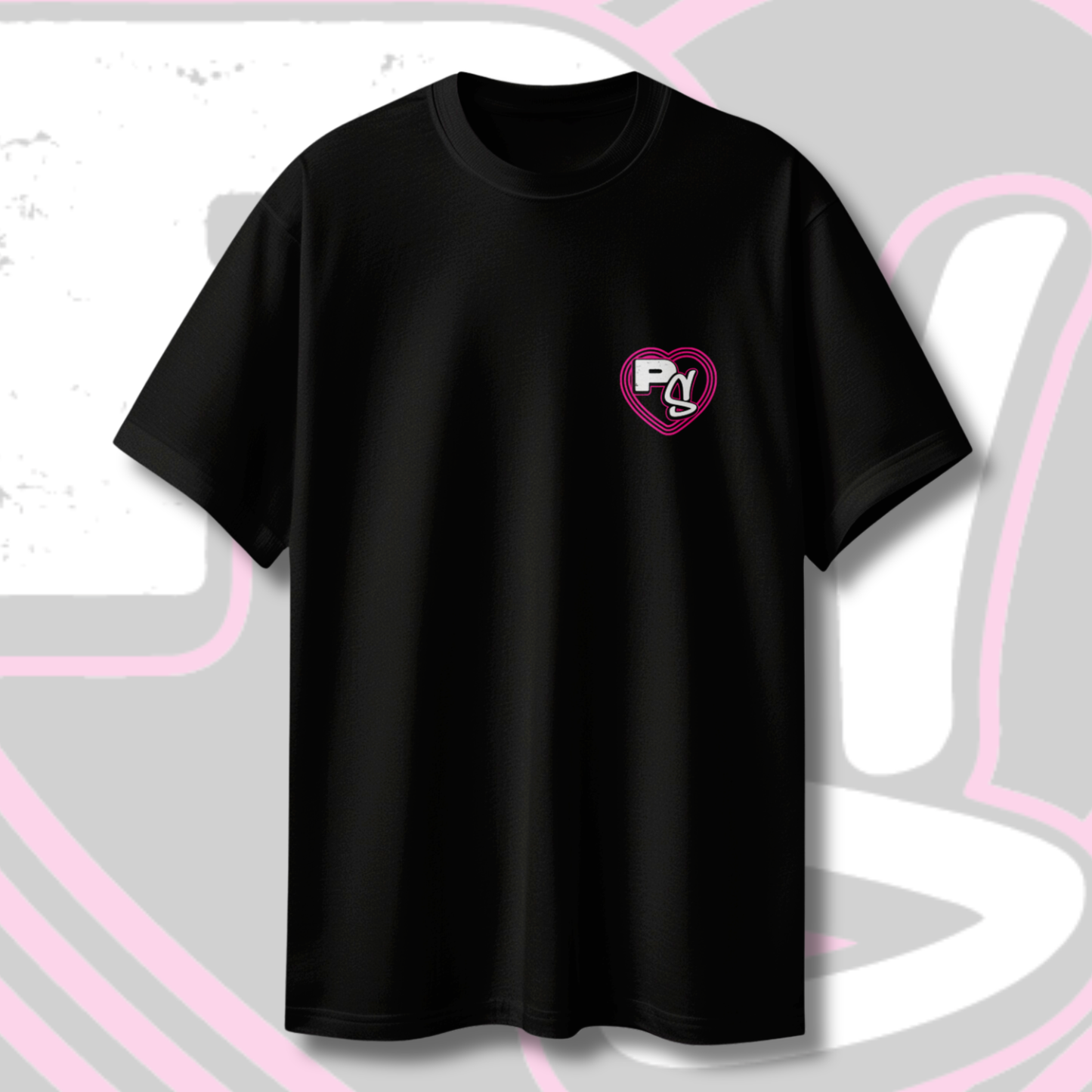 Black t-shirt with a pink and white pitstop.social mini heart logo on a light background