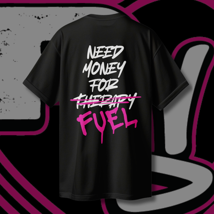 Oversized black unisex t-shirt with crossed-out 'therapy' and bright pink 'FUEL' print