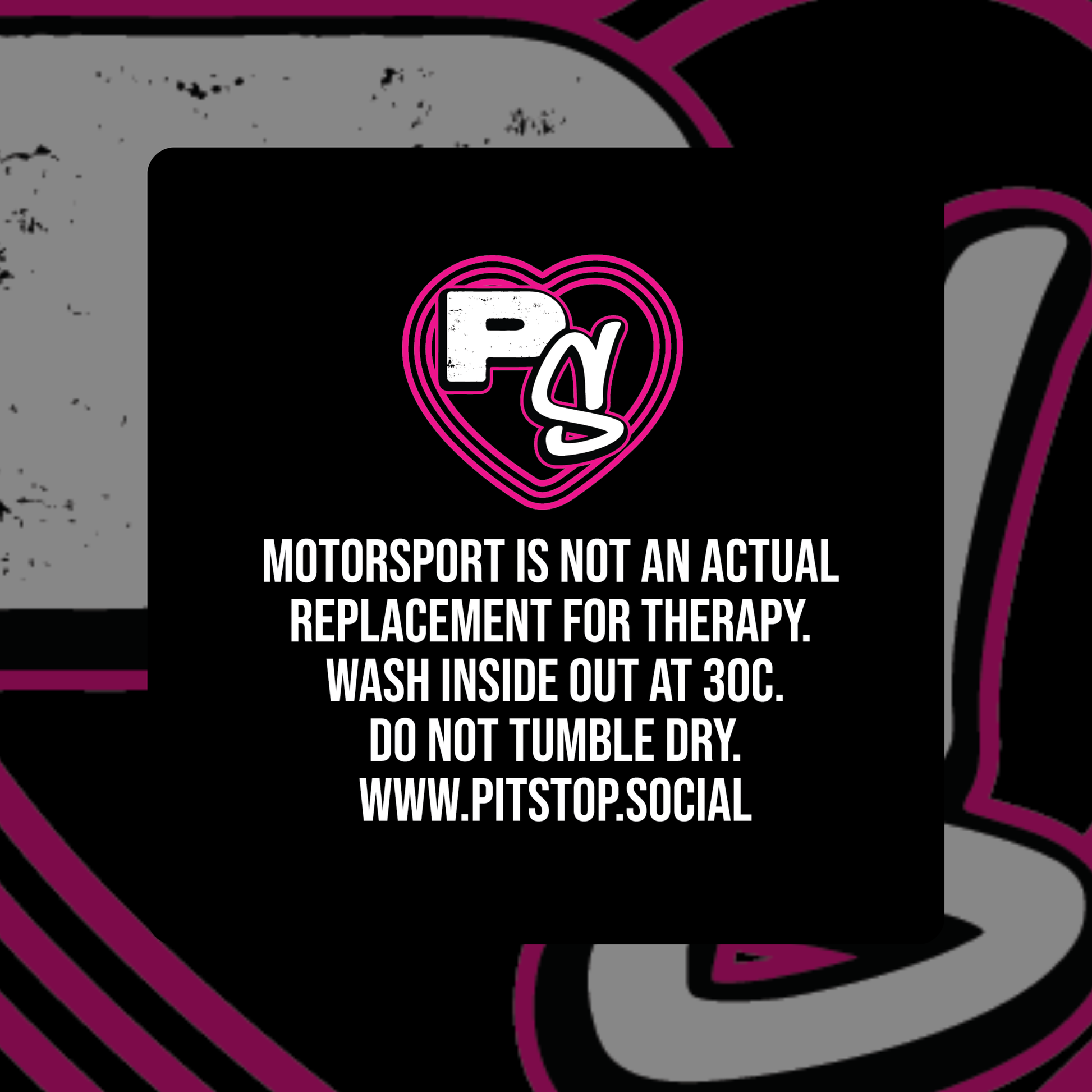 Motorsport is not actual therapy t-shirt care instructions in pink and white on black background 