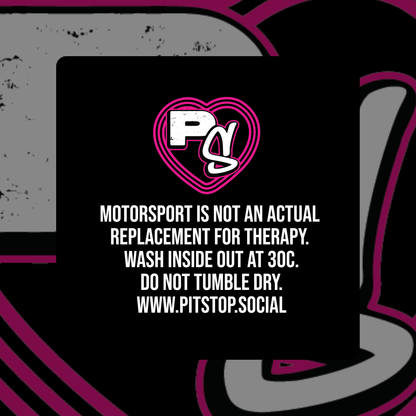 Motorsport is not actual therapy t-shirt care instructions in pink and white on black background 