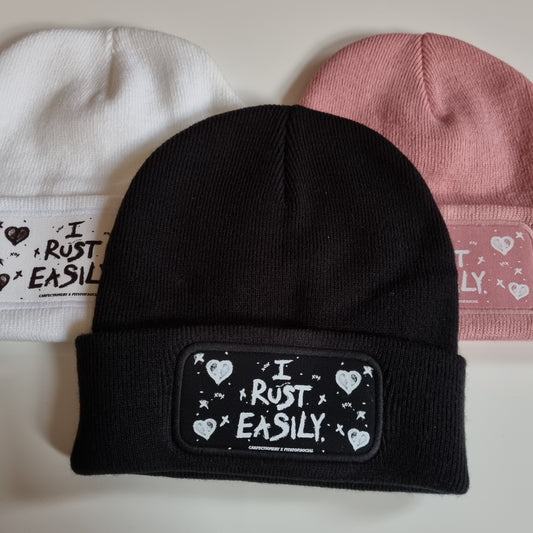 PITSTOP.Social Unisex Mental Health Cuffed Patch Beanie Hat - Carfectionery Collab - I Rust Easily Black, Pink, White